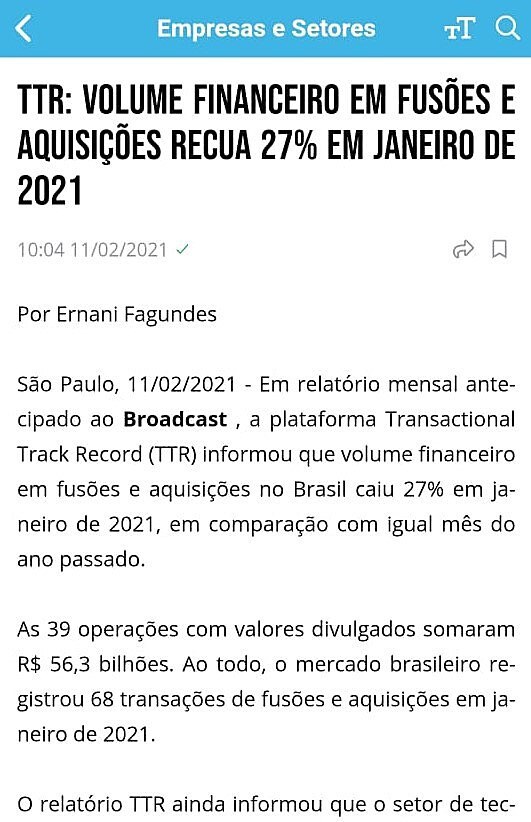 TTR: Volume financeiro em fuses e aquisies recua 27% em janeiro de 2021